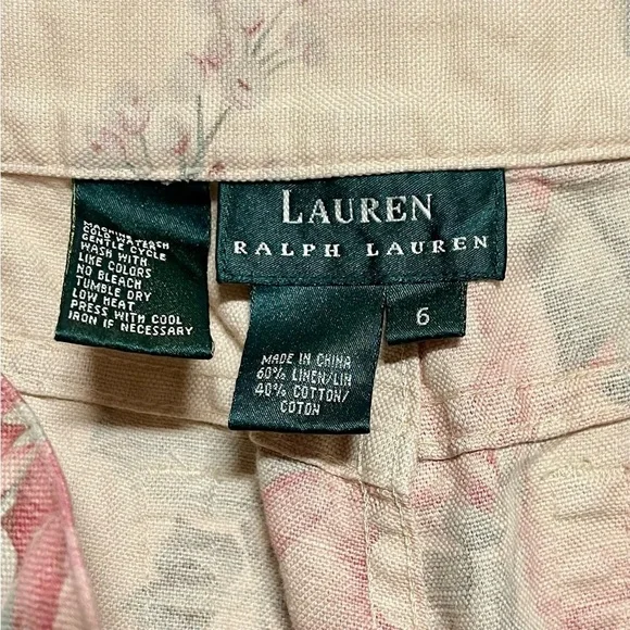 Lauren Ralph Lauren Soft Linen Floral Cargo Cropped Pants Women Capri 6 Beige - Picture 4 of 5